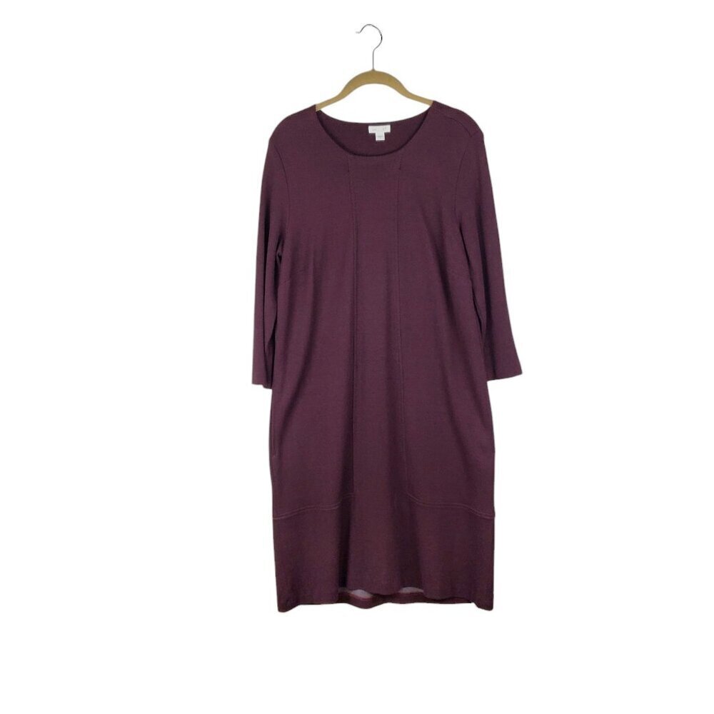 J Jill Ponte Shift Dress Burgundy Black Herringbone 3/4 Sleeve Womens Size Small